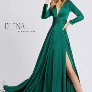 Mac Duggal Leena Plunge Satin A-Line Midi Dress Women Sz 10 Emerald Green EUC
